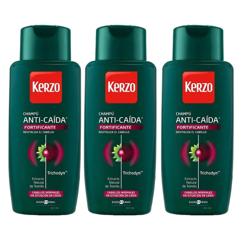 KERZO champú anticaída Fortificante con Trichodyn y extracto natural de Tomillo Pack de 3x400 ml para cabellos normales en situación de caida