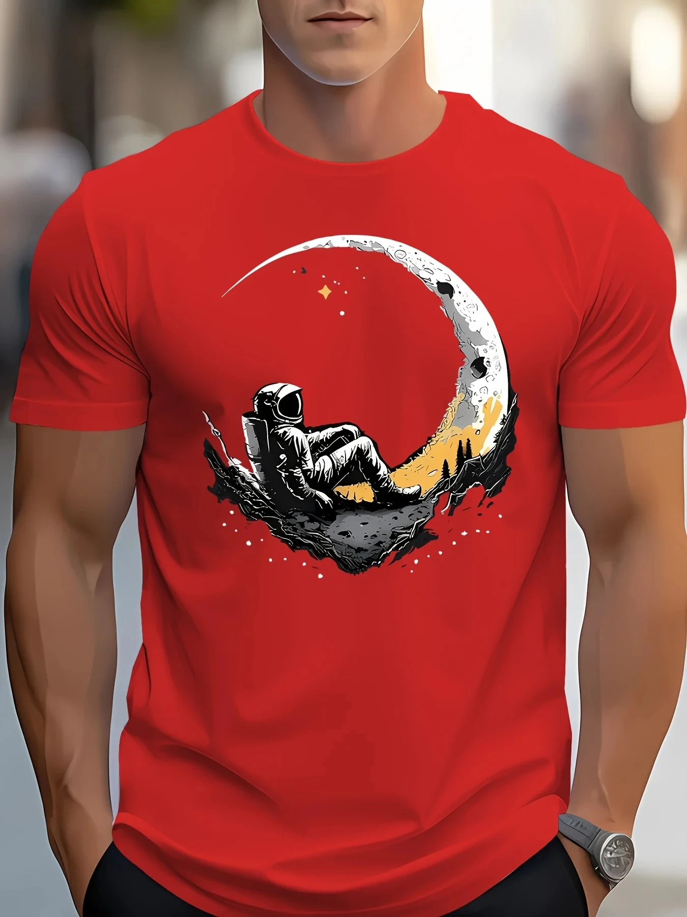 

Men's Summer Graphic T Shirts Fashionable Loose Plus Size Landing Moon Pattern Printed Sports Round Neck Short Sleeved T-Shirt