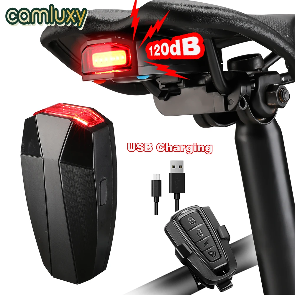 Camluxy Waterproof Bicycle Burglar Alarm Taillight USB Charge Smart Brake Sensing Remote Control 3 Flash Mode 120DB Volume