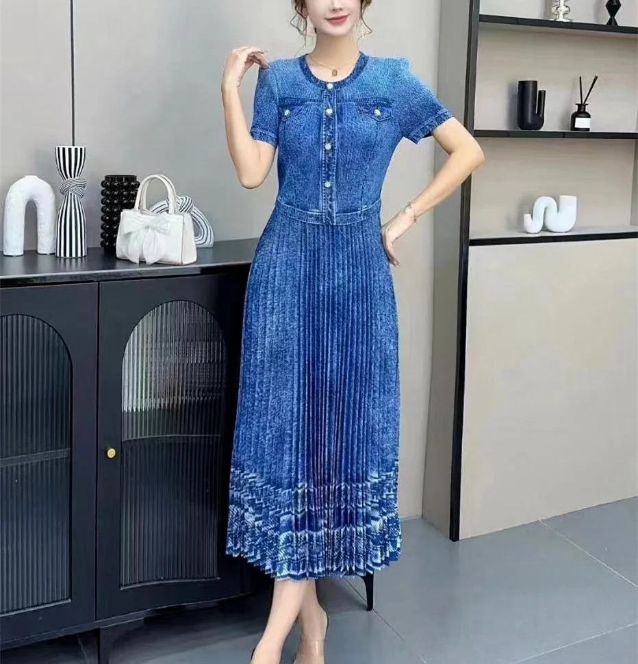 Miyake Summer New Imitation Denim Dress 2024 Pleated Skirt Medium Long Skirt Women\'s Short Sleeves Age Reduction and Thin Pleats