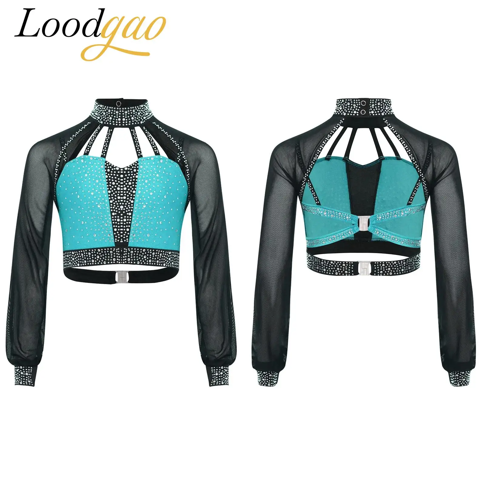 

Kids Girls Sheer Mesh Cutout Strappy Crop Top Modern Dancewear Long Sleeves Figure Skating Ballet Dance Performance Costume