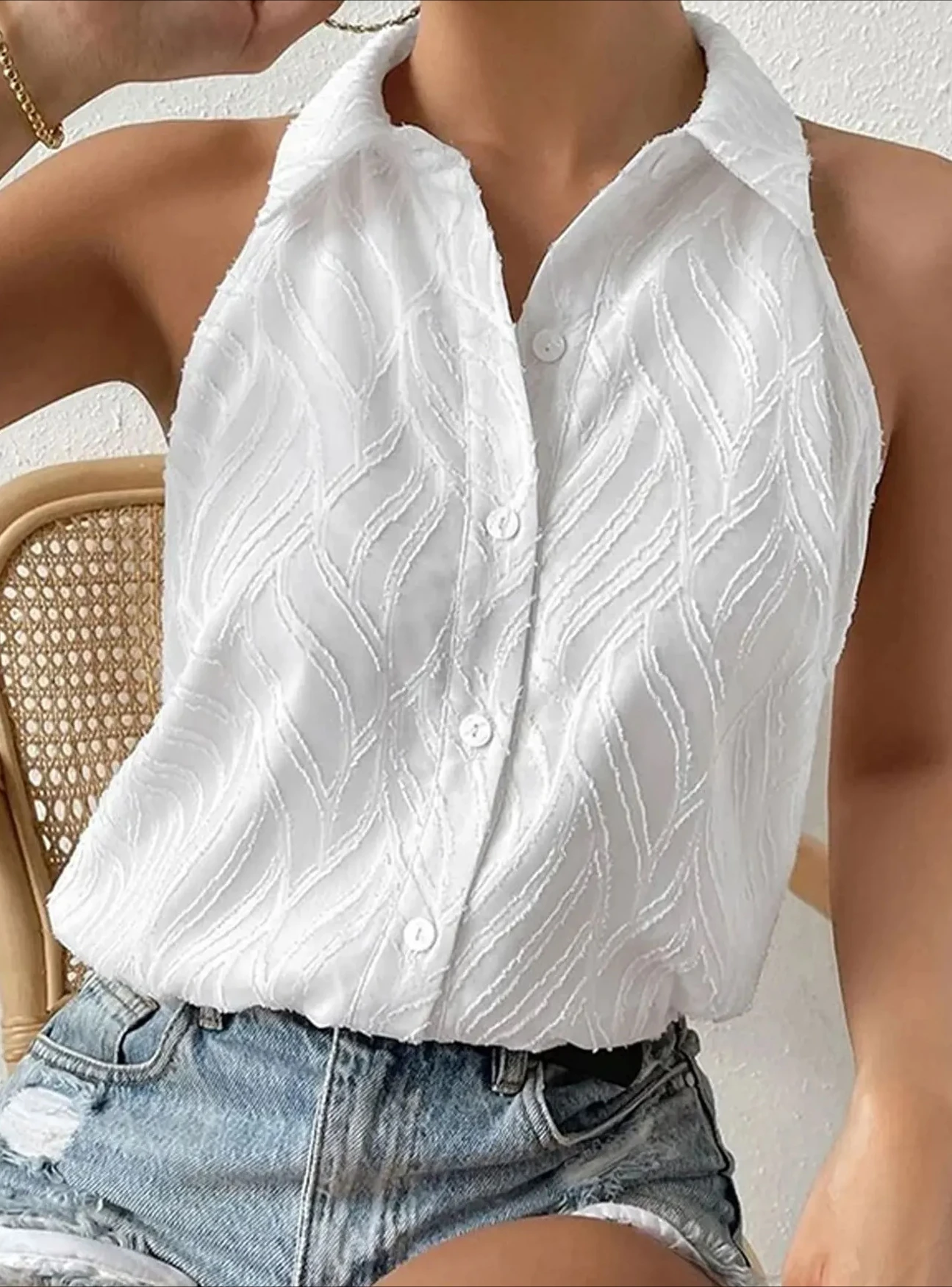 

New Women Jacquard Sleeveless Shirt Solid Color Collarless Blouse Casual Tops Female Elegant Vest Tunics
