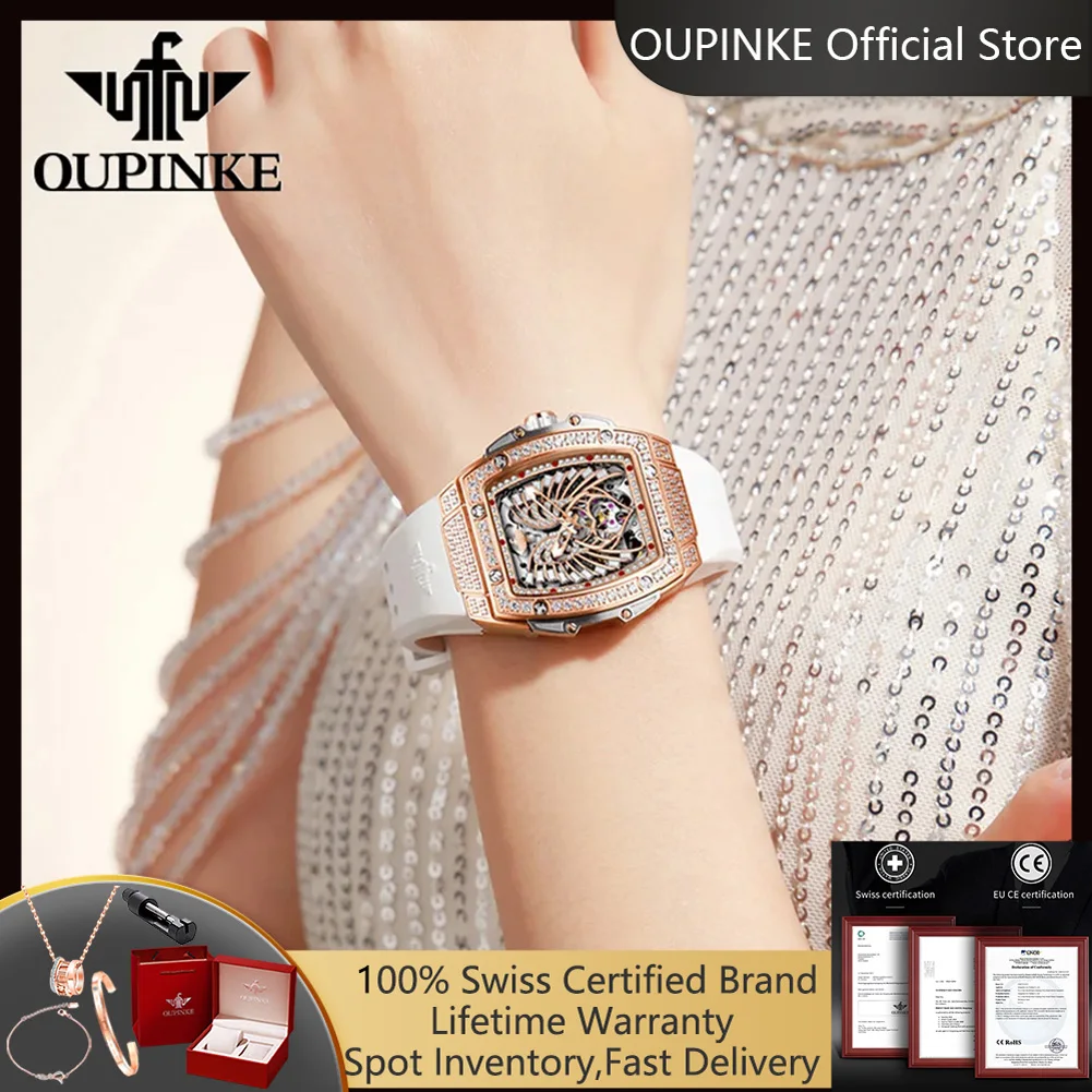 

OUPINKE 3225, японские автоматические механические часы для женщин, дизайн с крыльями ангела, элегантные белые женские наручные часы со скелетом