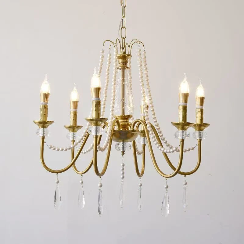 French Luxury K9 Crystal Chandeliers Golden Wrought Iron Pendant Light  Sliving Room Bedroom Hotel Pearl Ornament Hanging Lamps