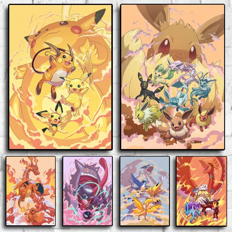 

Lightning Style- Themed Pokemon Pikachu Eevee Poster Evolution Art High - Quality Canvas Print for Bedroom Collection
