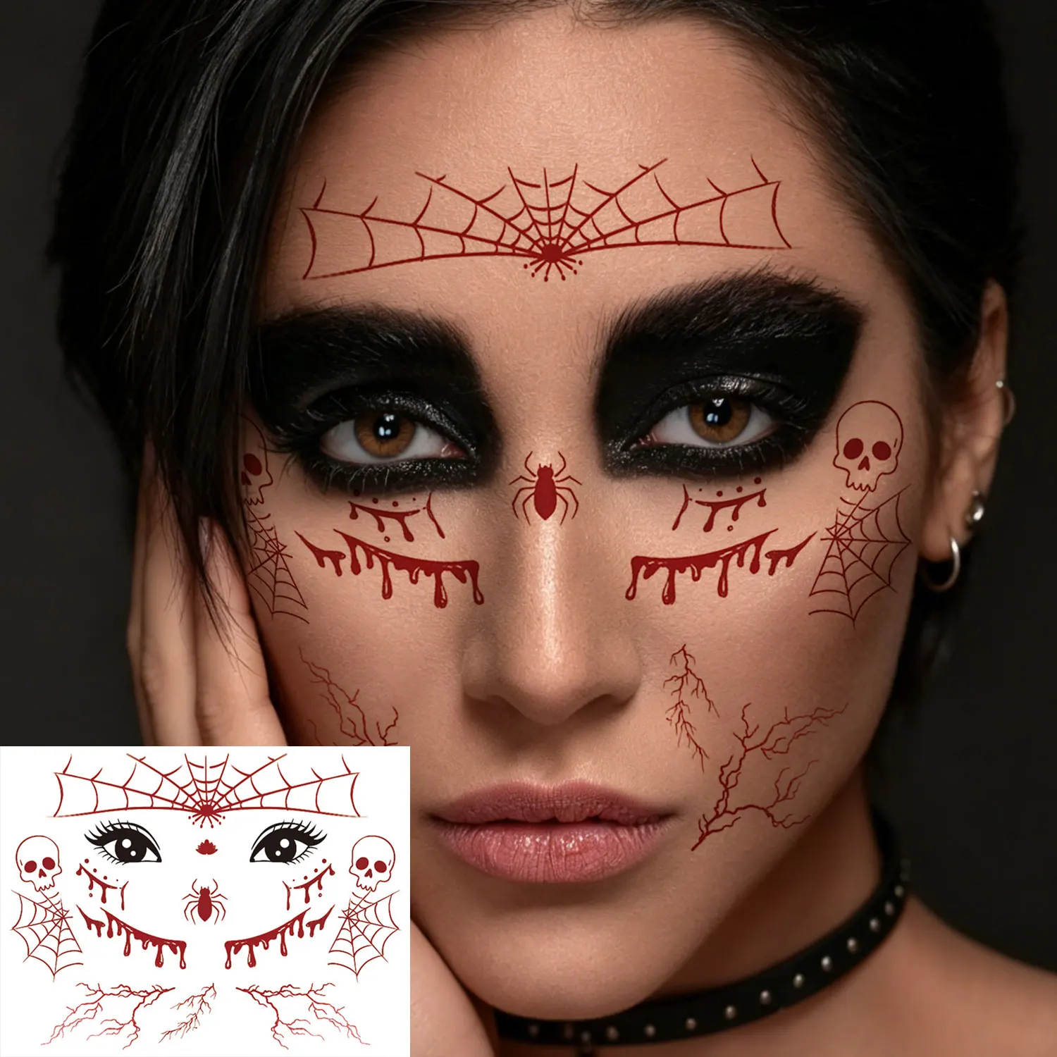 4-Pack Halloween Face Tattoo Stickers, Featuring Bloody Scars, Skulls, Spider Webs, and Bat Elements, Waterproof Temporary Face Tattoos for Party Role-Playing