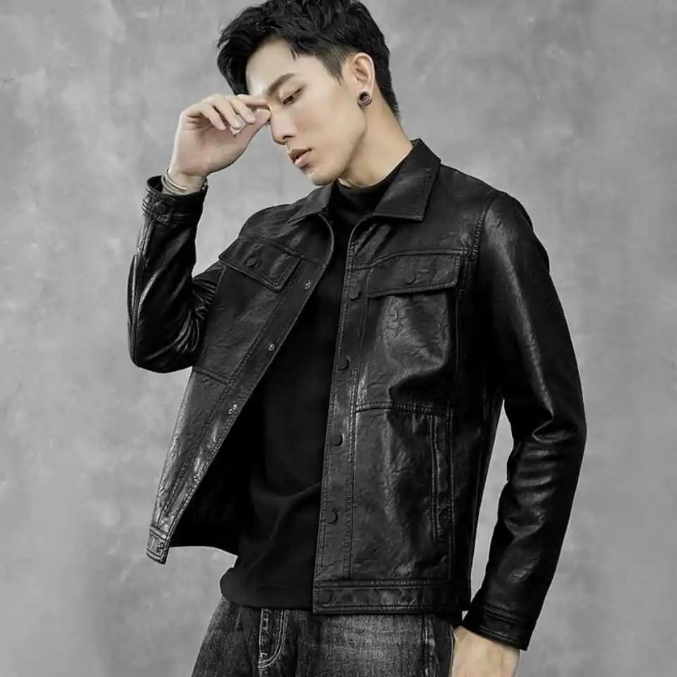 

American Retro Workwear Leather Jaet Men's Trendy Spring Autumn New Fce Lined Stand Collar Leather Jaet