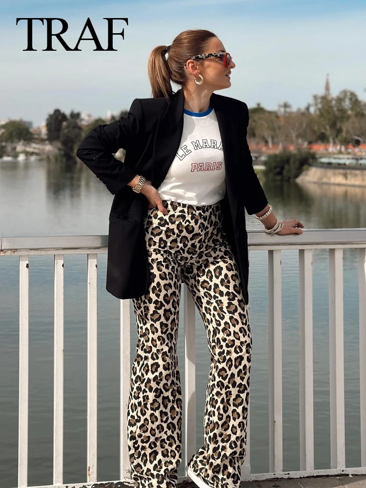 TRAF 2024 Women Vintage Leopard Printed Pant Female Spring Zipper High Waisted Full Length Casual Female Trousers Y2K Loose Pant