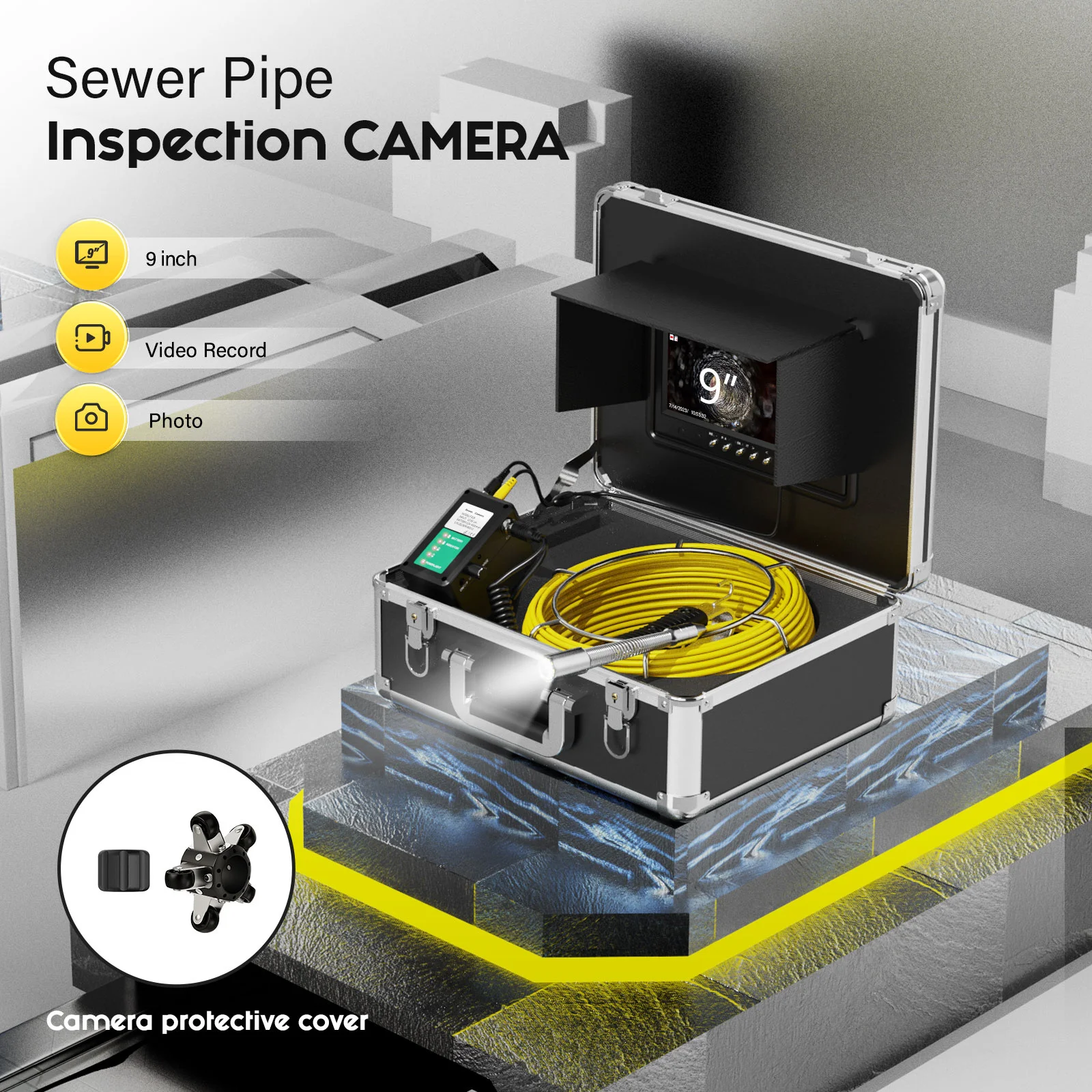 9 Inch  DVR 40M Sewer Inspection Video Camera with Auto Self Leveling 512HZ Transmitter Pipe Locator