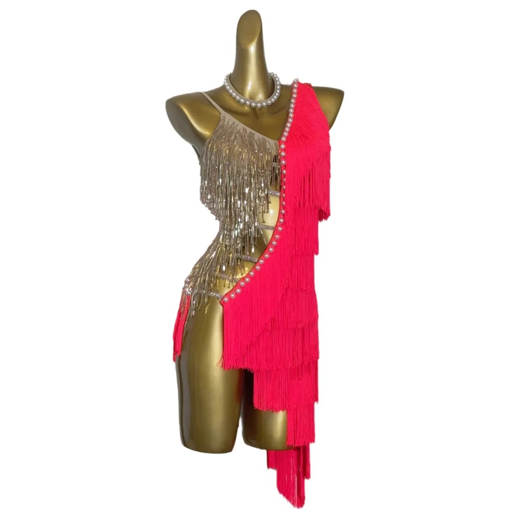 Latin dansers, volwassenen, kinderen, hoogwaardige op maat gemaakte holle splitsing parel kwastje tango samba ab steen prestatie jurk