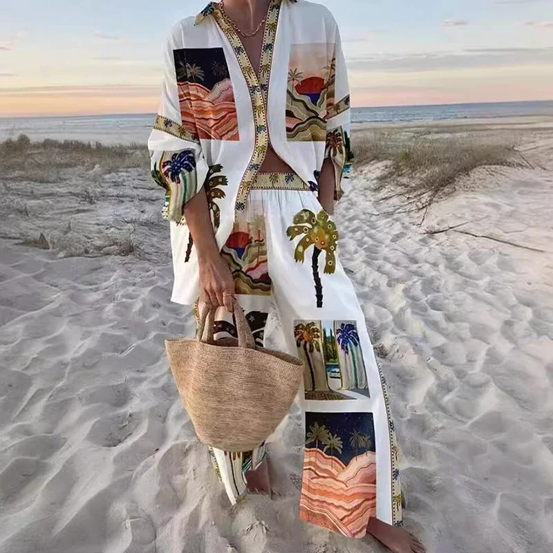 2024NewElegant Print Holiday Beach Set Stylish Lapel Button-down Shirt and Pantsuit Women Casual Long Sleeve Loose Two-pieceSuit