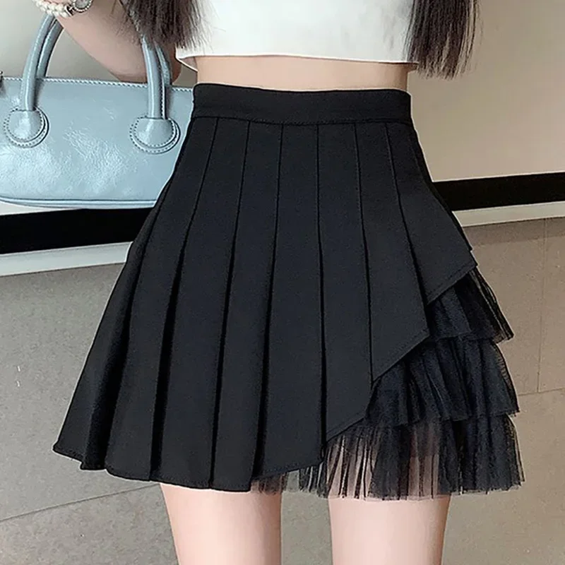 

Fashion Loose High Waist Spliced Gauze Folds Skirts Female Clothing Summer New Oversized Office Lady Asymmetrical Skirt B101