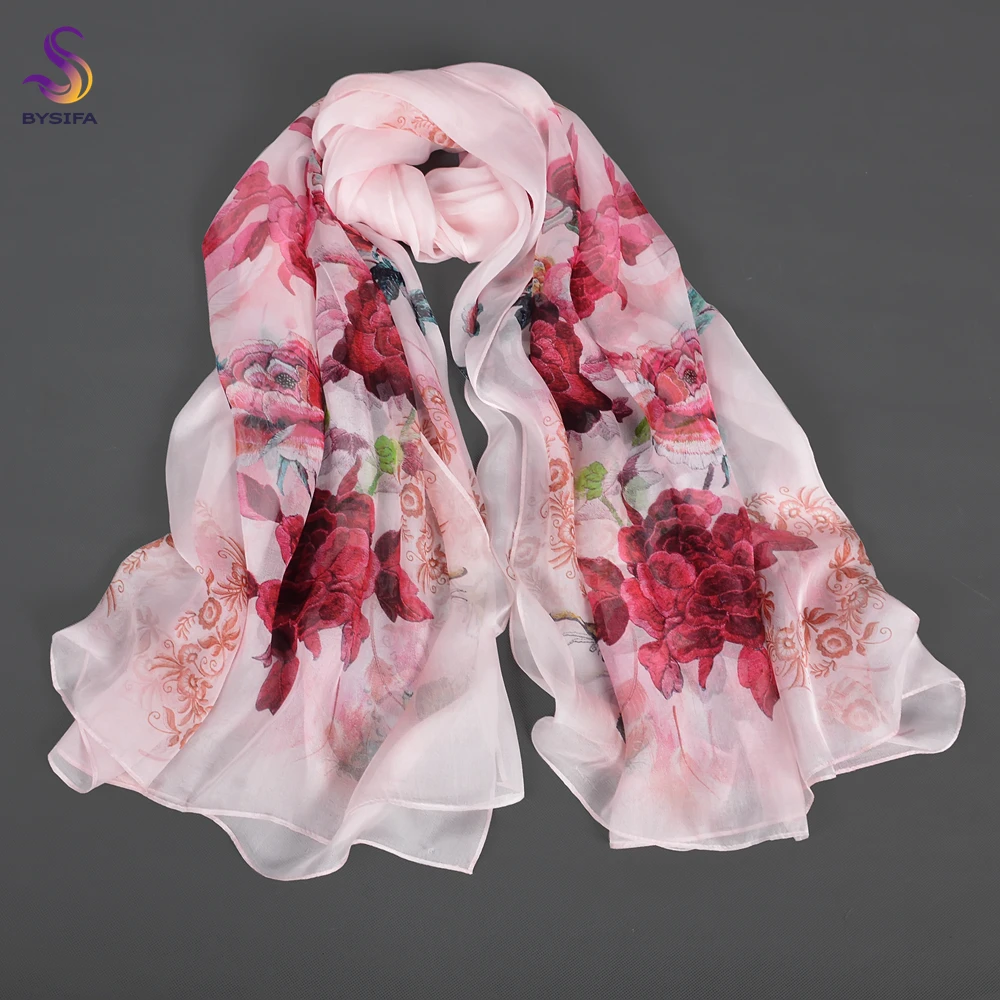 BYSIFA| Pink 100% Natural Silk Scarf Bufanda Women Elegant Chinese Style Peony Design Summer Long Scarves Beach Shawl Accessory