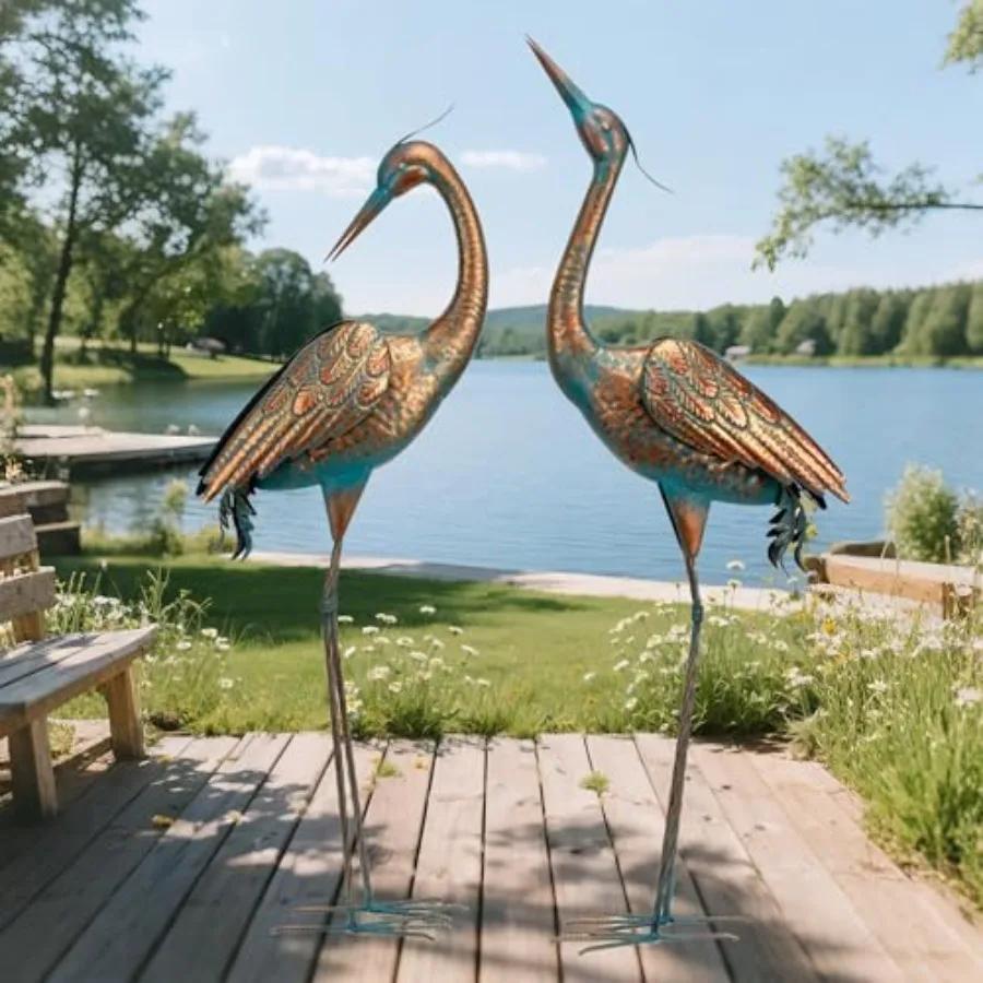 

Outdoor garden crane statues in blue heron design made of durable metal ideal for lawn patio or porch decoration; set of 2 larg