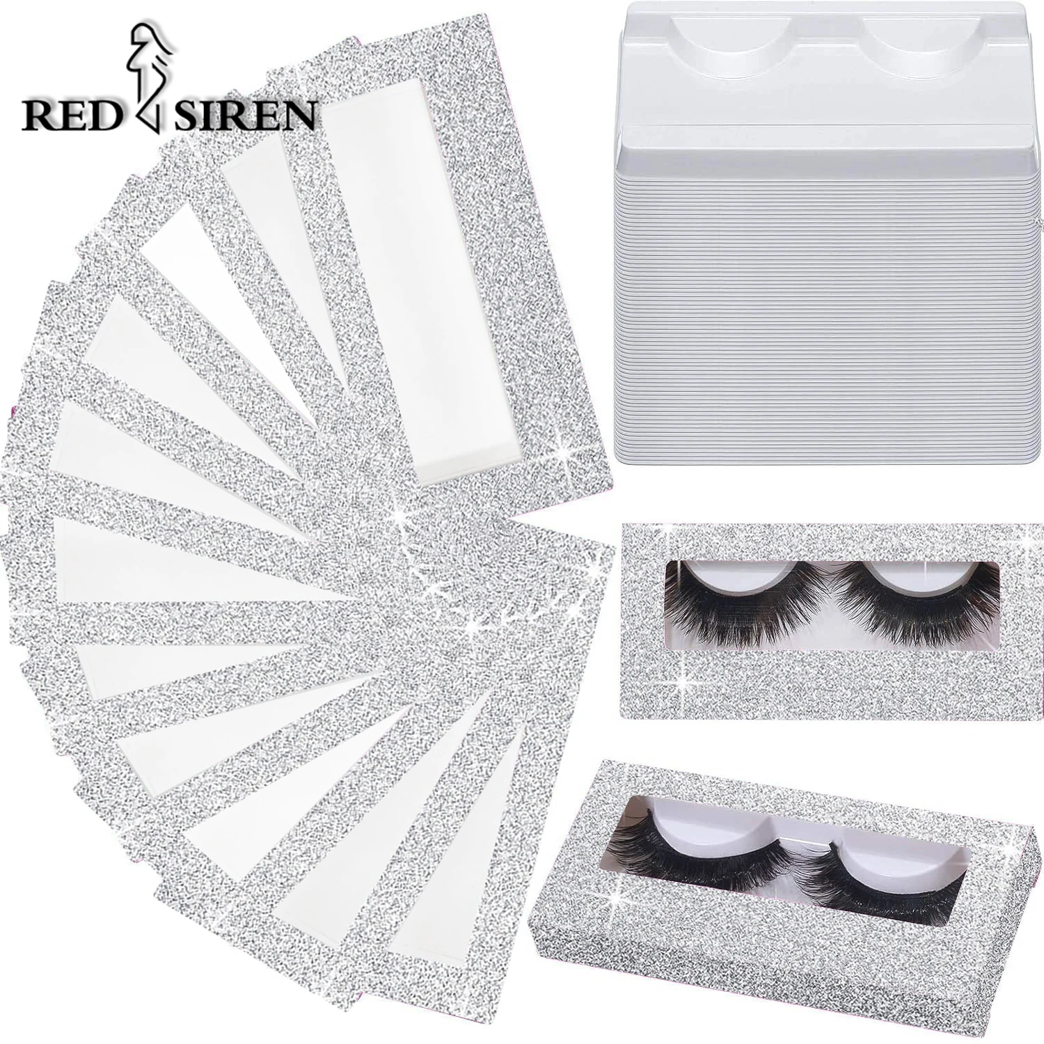 10-100Pcs Silver Glitter Paper False Eyelashes Box With Tray Wholesale Full Strip Lashes Case Vendor Empty Lash Boxes Packaging