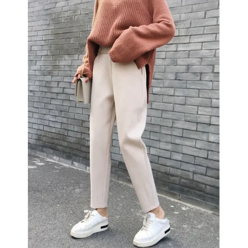 

Casual Pants Autumn and Winter Women Cotton Button Elastic Waist Ankle-length Basic Chic Harem Trousers Female Z11