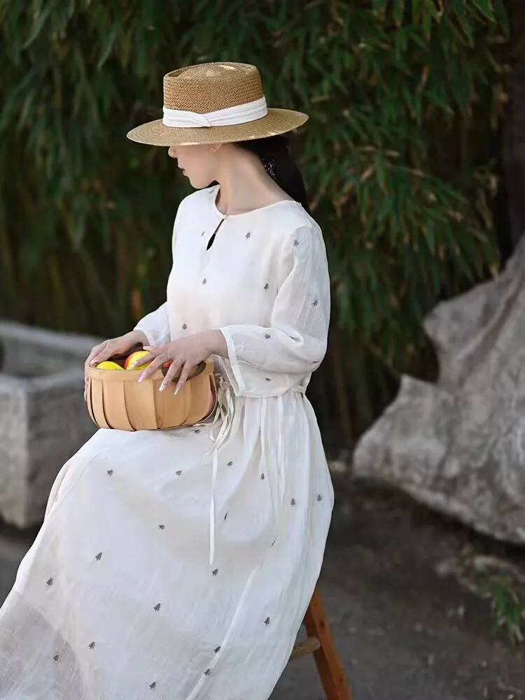 Novo verão algodão linho manga longa vestidos mulher o pescoço bordado solto impressão vestido vintage 2025 primavera confortável n667