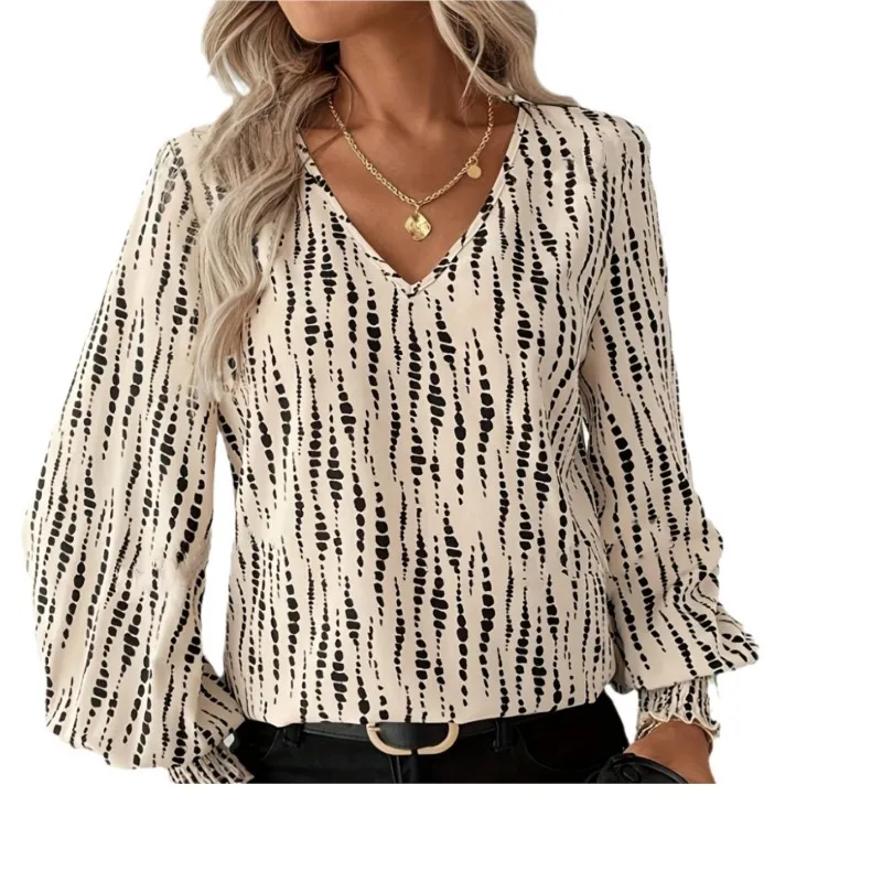 Women's Stripes Printed T-Shirt Summer Fashion V-Neck Long Sleeves Loose Casual Tops Female Streetwear Pullover T Shirts Women