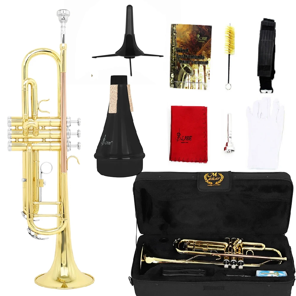 M MBAT Trumpet Bb B Flat Brass Gold Exquisite Durable Musical Instrument with Mouthpiece Bracket Weak Speaker Gloves Strap Case