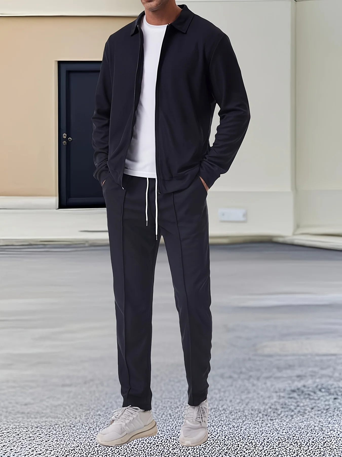 Conjunto deportivo de 2 piezas de manga larga de color sólido para hombre, conjunto de chaqueta y pantalones con cremallera, adecuado para deportes al aire libre