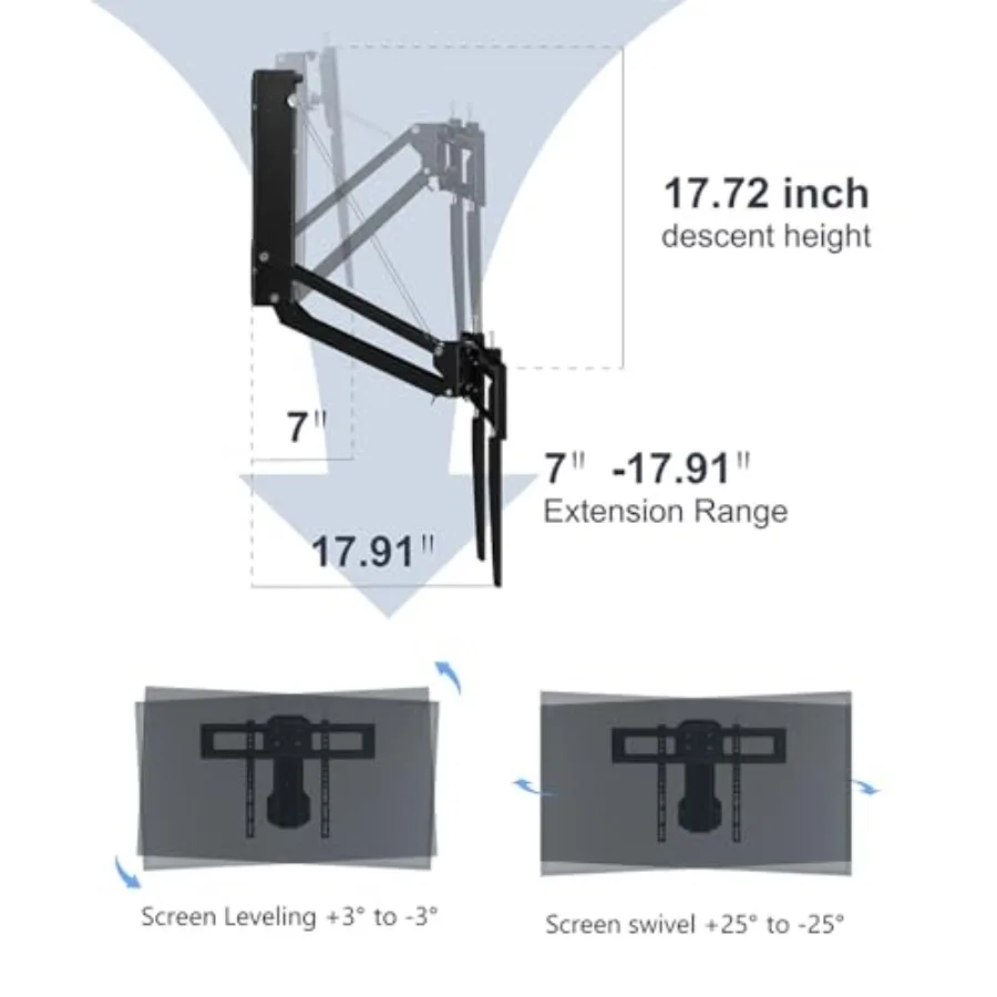 حامل تلفزيون على الحائط بمدفأة بمحرك لشاشات 32 إلى 75 بوصة حتى 88 رطلاً مع ميزة منسدل قابلة للتعديل للارتفاع مثالية ليفين