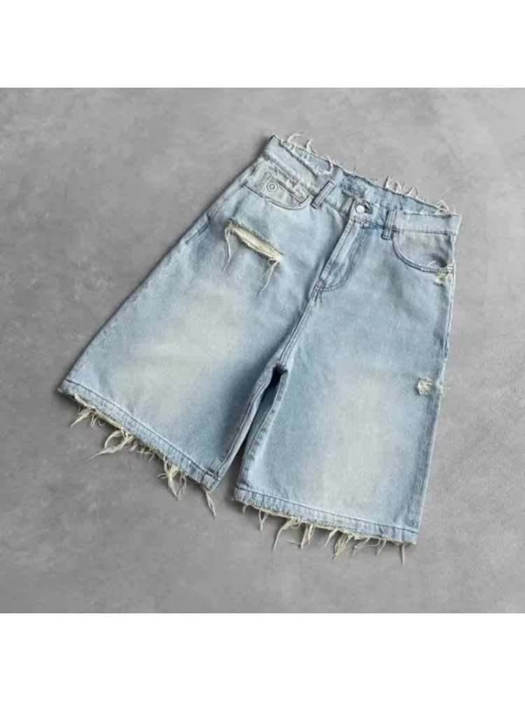 

2026 Washed Ripped Short Jeans Women and Man Hole Embroidery Wide Leg American Retro Jorts Baggy Casual Streetwear Summer