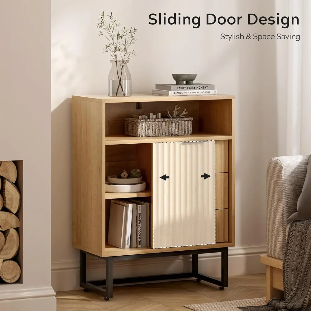 خزانة أرضية الحمام مع باب منزلق، منظم تخزين حديث بثلاث أدراج مع قاعدة معدنية سوداء ورف خشبي قابل للتعديل