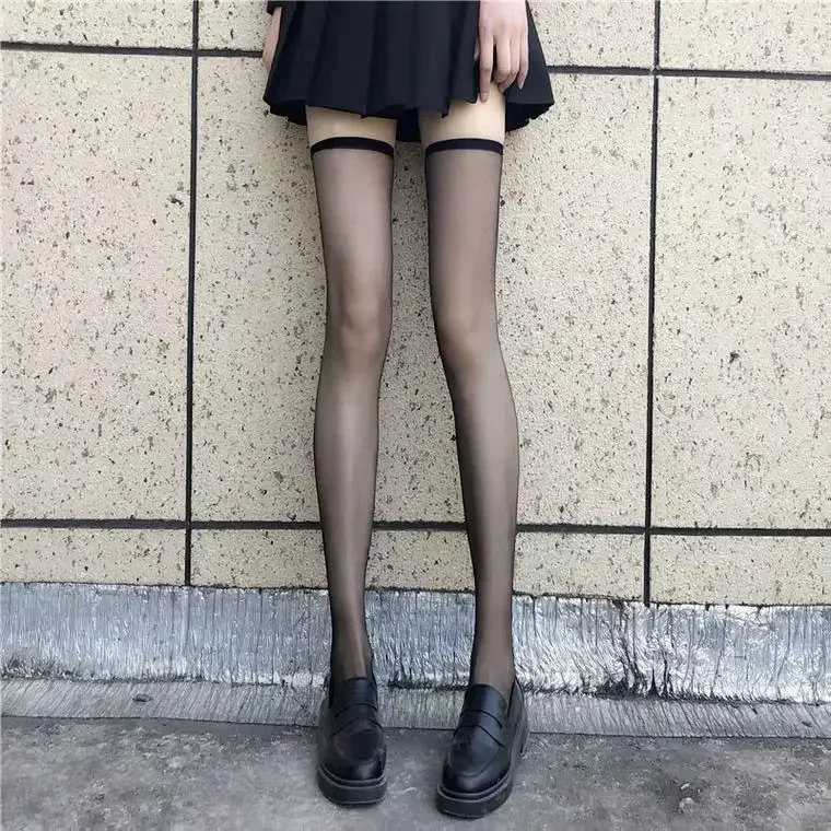 Black White Thigh High Stockings Summer Ulter-thin Knee High Socks Girls JK Lolita Nylon Long Sock Women Sexy Stocking Hosiery