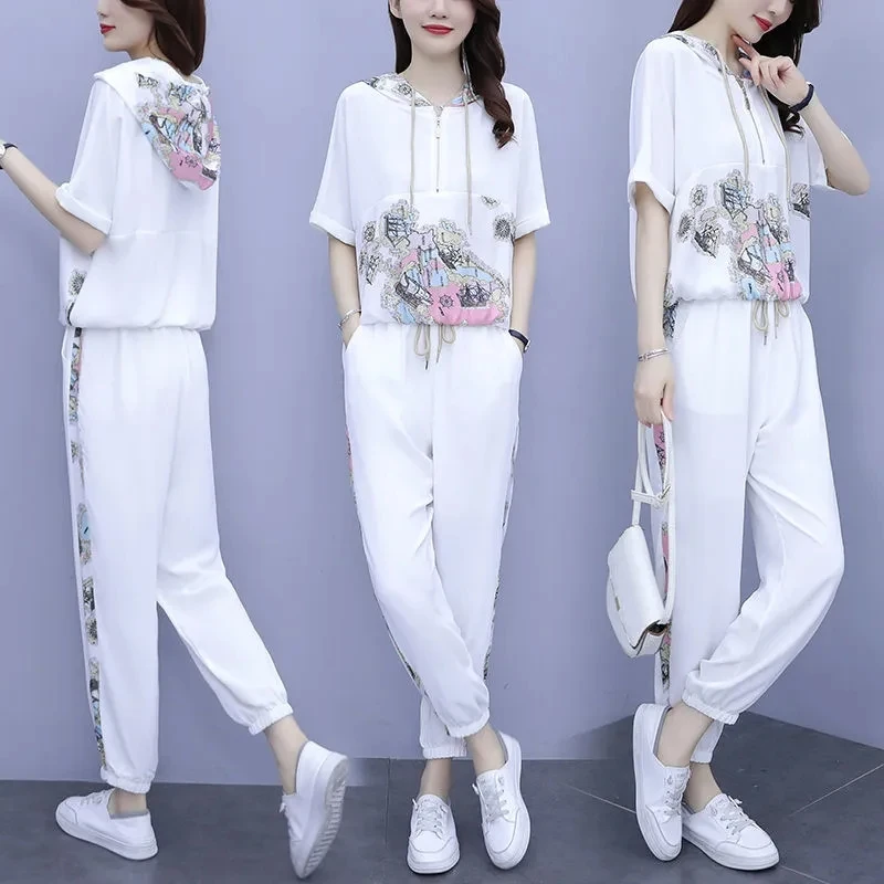 Women White Sport Suit 2023 New Female Printed Summer Two Piece Set Women\'s Hooded Sportswear Women Pants Suit 4XL