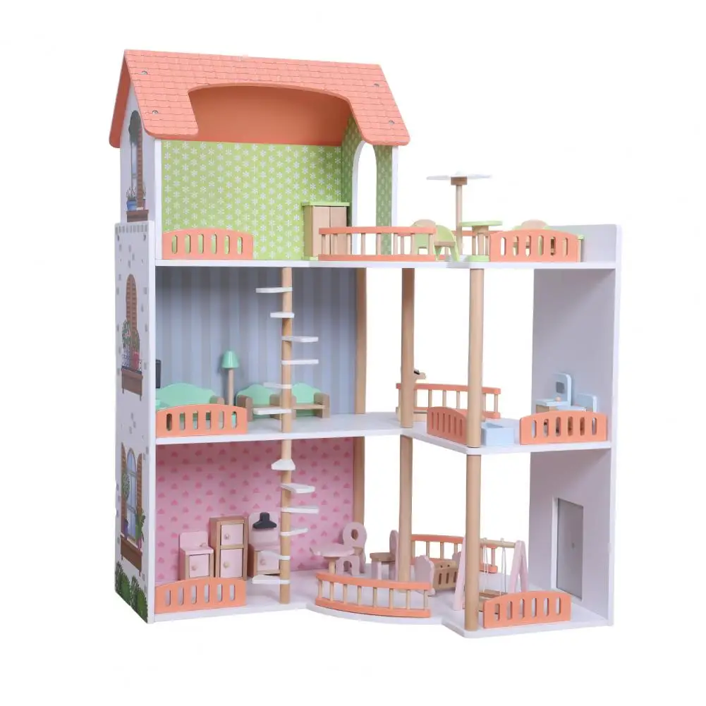 Poppenhuisset, speelhuisspeelgoed voor meisjes, huishuisje speelgoedset, 3-laags houten doe-het-zelf fantasiespel poppenhuis met meubelaccessoire