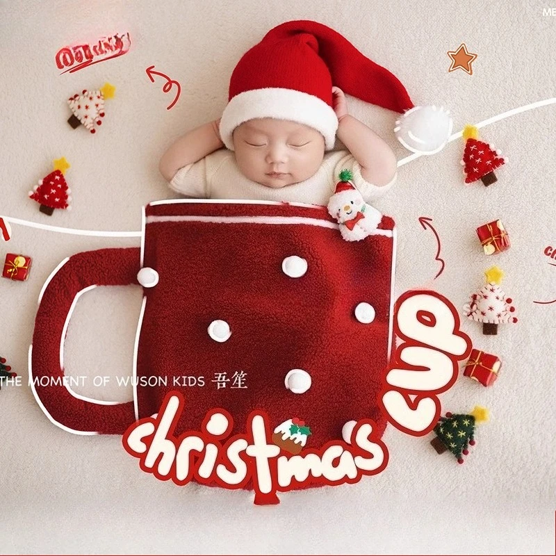 Newborn Photography Props Christmas Theme Sleeping Bag Blanket Knitted Clothing with Hat X'mas Decors Accessories for Photoshoot