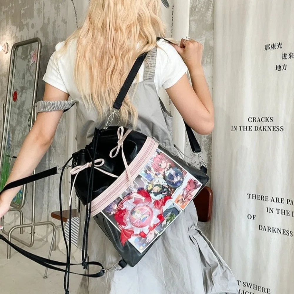 

Transparent Pocket Drawstring Backpack Large Capacity PU Itabag Fashion Design Lightweight Shoulder Bag Cotton Doll Storage