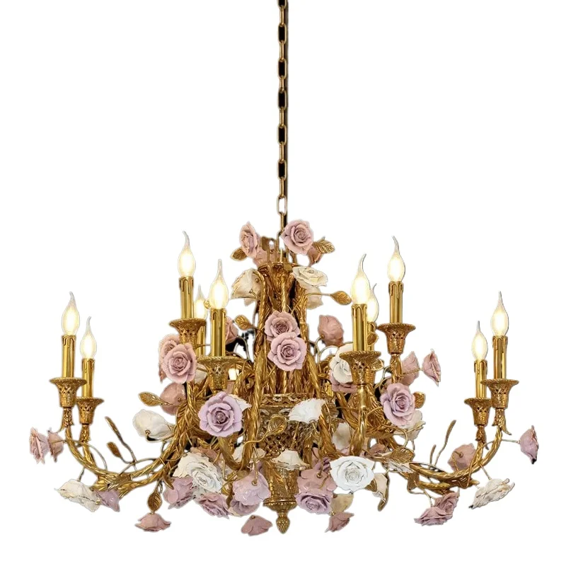 

Banquet wedding hall with 12 brass and porcelain French chandeliers