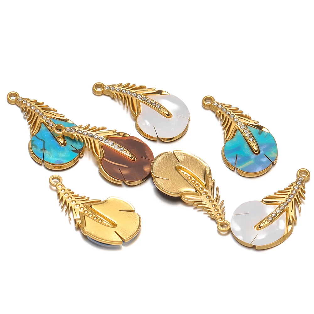 4 Stück Gold Edelstahl Zirkon Muschel Feder Charms für DIY Schmuck Halskette Armbänder Anhänger Ohrringe Herstellung Zubehör