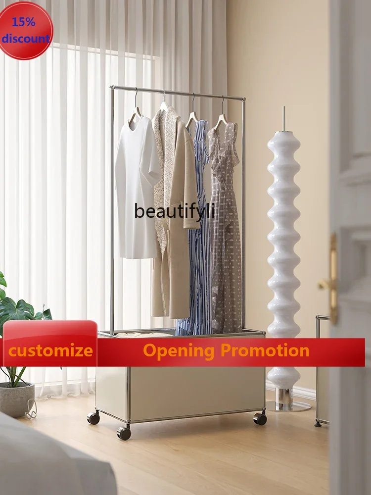 B7304 ss Storage Coat Rack Small Apartment Bedroom Simple Stainless Steel Floor Mobile Clothes Rack