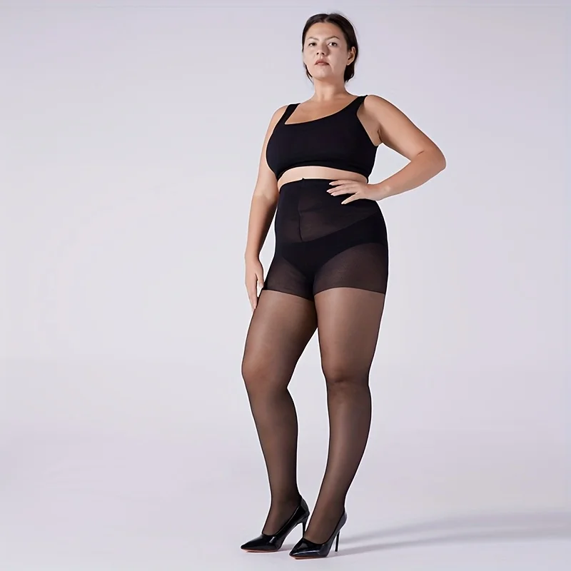 Plus Size Women's High Waist Sheer Tights Seamless Control Top Pantyhose High Elastic Stockings