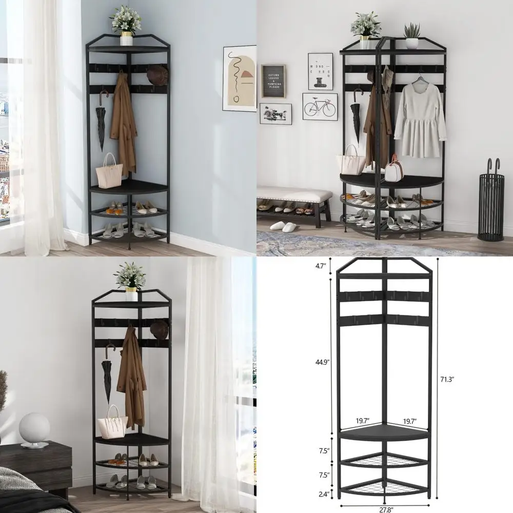 

Modern Black Corner Hall Tree with Shoe Bench, Coat Rack, and 10 Metal Hooks Wooden Clothes Rack