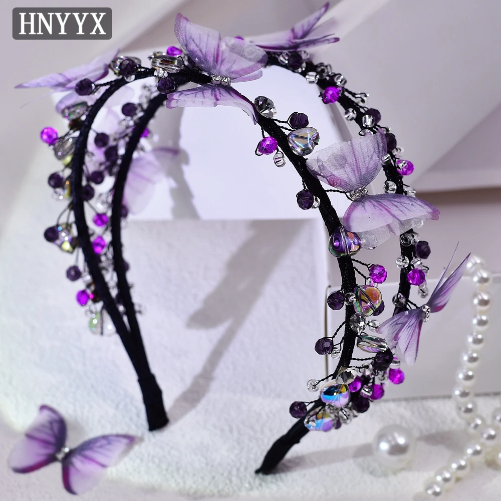 HNYYX Purple Rhinestone Wide Hairband Double Row Crystal Tiara With Butterfly Wedding Bride Wedding Hair Accessories A160