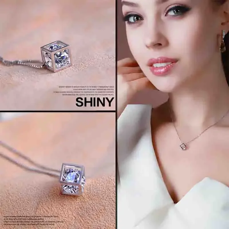 New Fashion Square Geometric Pendant Necklaces Shiny Crystal CZ Stone Inlaid Box Chain Choker Neck Accessories Jewelry Gifts
