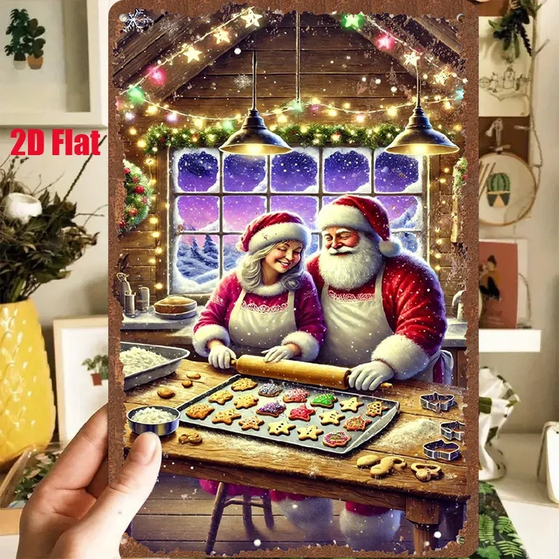 2D Flat, 1pc 2D [Flat] Metal Sign: Santa Claus and a Little Girl Baking Cookies Together in a Cozy Wooden Cabin with a Beautiful