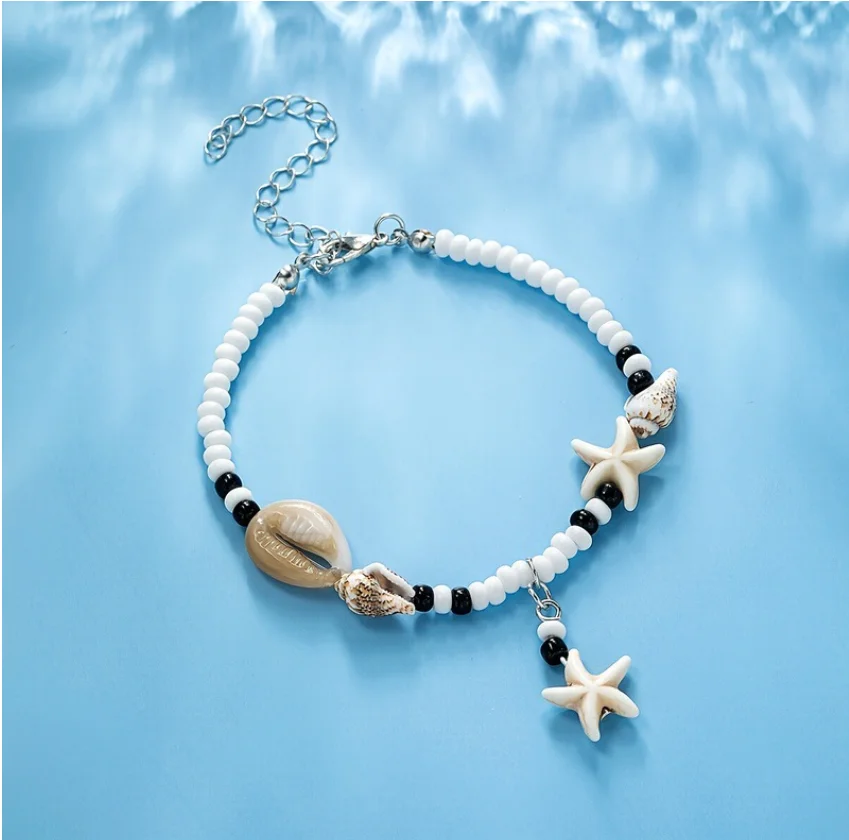 Bohemian Shell Anklet 1Pcs Handmade Braided Rope Colorful Rice Beads Trendy Foot Decor for Women Vacation Seaside Photography