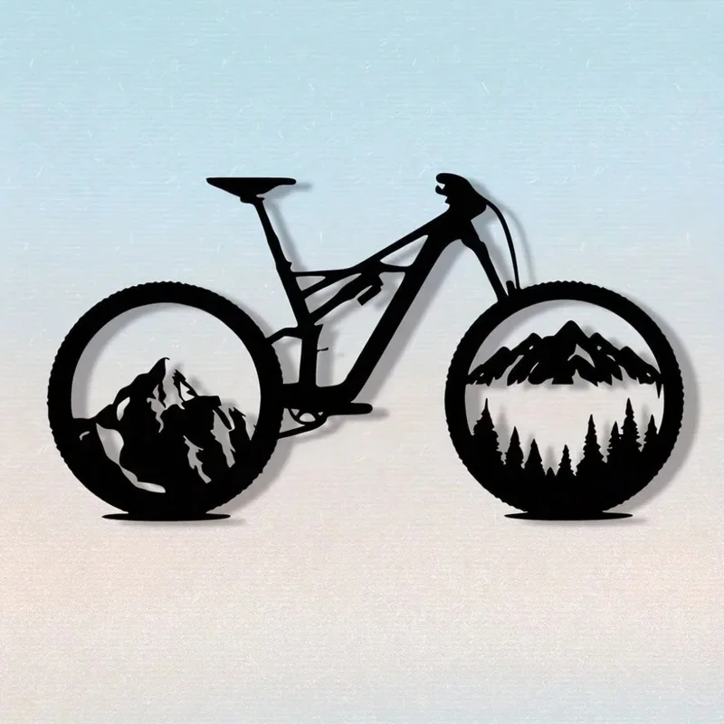 Black Metal Mountain Bike Tire Art, Nature Landscape Wall Decor for Living Room Office Garage, Modern Home Gift for Cyclists 1pc
