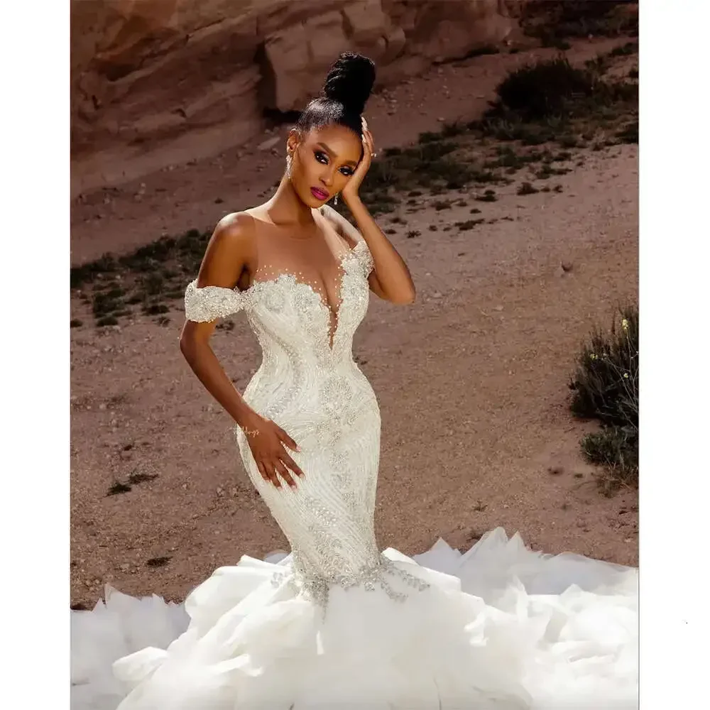 Customized  Square Neck Shinny Pearls Beads Wedding Dress For Bride Robes De Mariee Off The Shoulder Outdoor Tiered Bridal Gown
