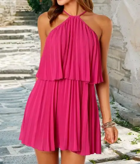 Feminino sexy camisola dupla camada vestido plissado 2025 verão novo estilo praia feminino doce moda babados vestidos de linha a