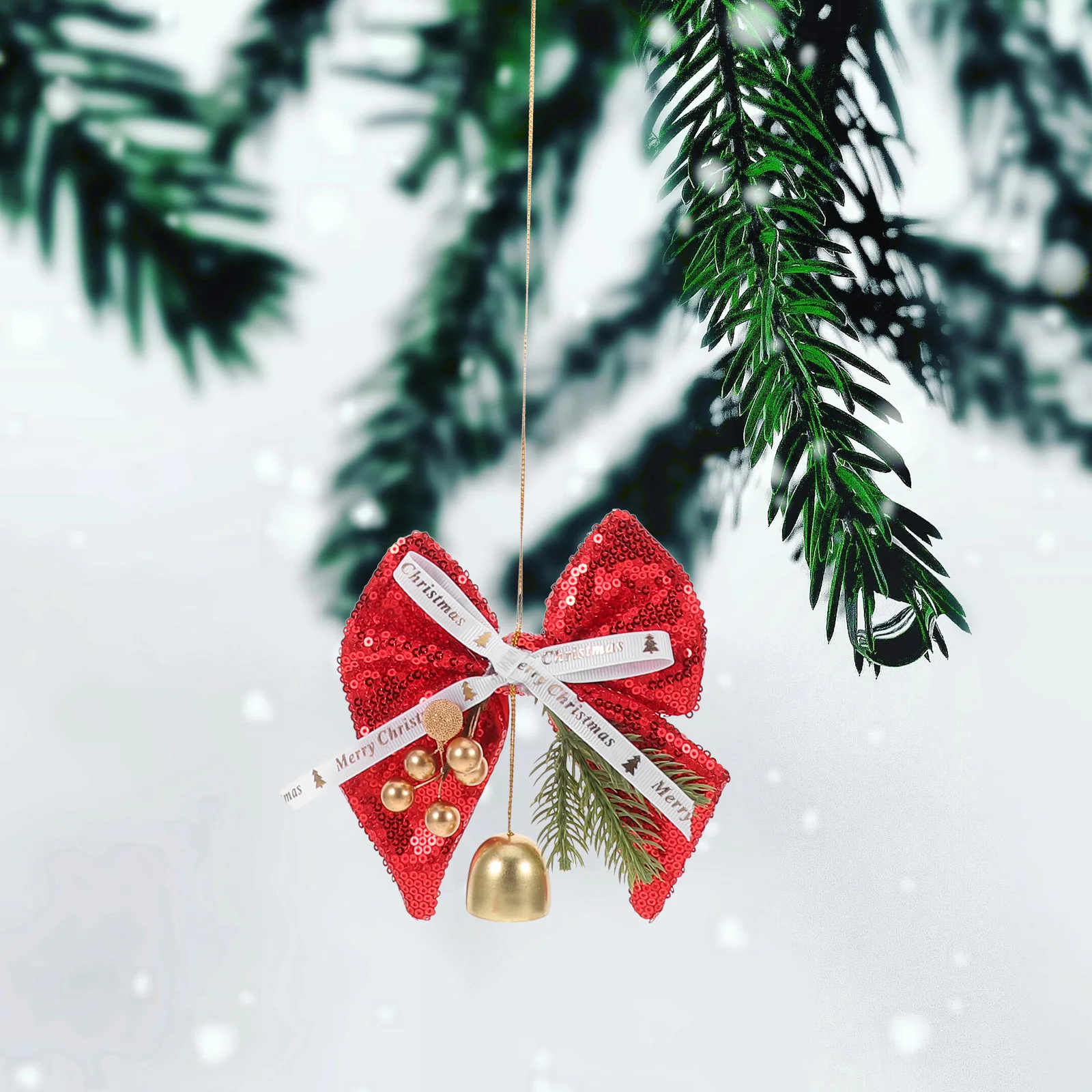 

2 Pcs Decorative Pendant Bow with Bells Ornaments Festive Hanging Glitter Bowknot Decorations Flash Christmas Tree