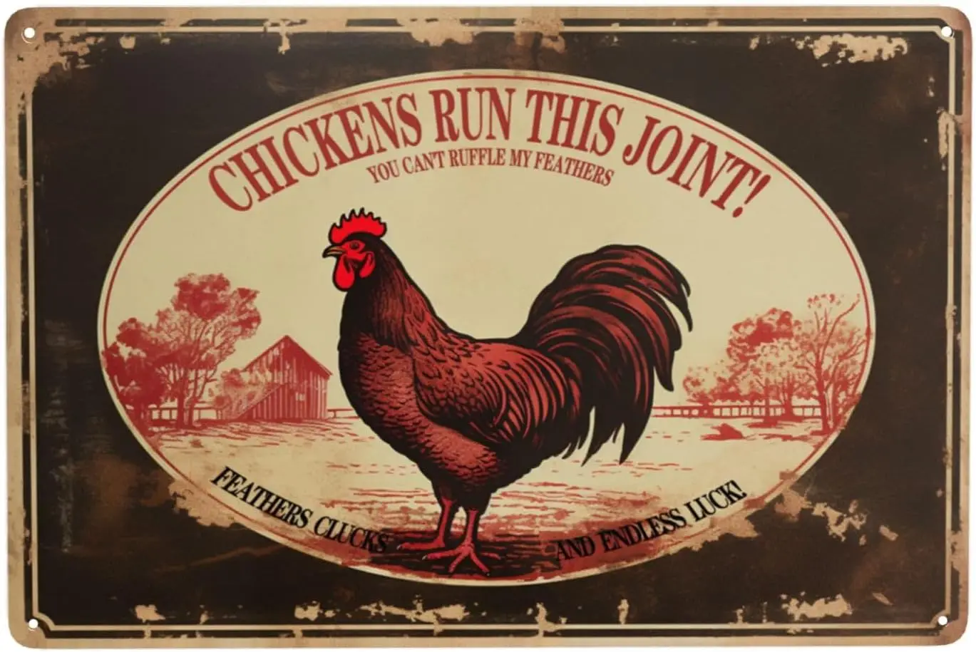 Aluminum 'Tin Sign' Style Metal Plaque Retro Vintage Design Featuring Comical Scarecrow & Chicken – Perfect for Farm