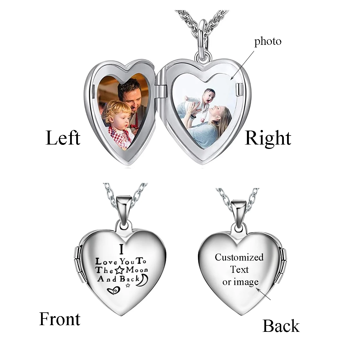 Stainless Steel I Love You To The Moon And Back Customizable Photo Picture Memory Locket Pendant Necklace Jewelry Gift For Lover