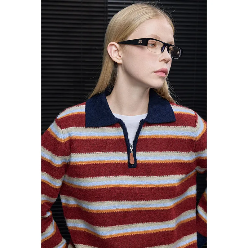 Red striped contrast sweater cashmere sweater new loose lazy wind high sense.