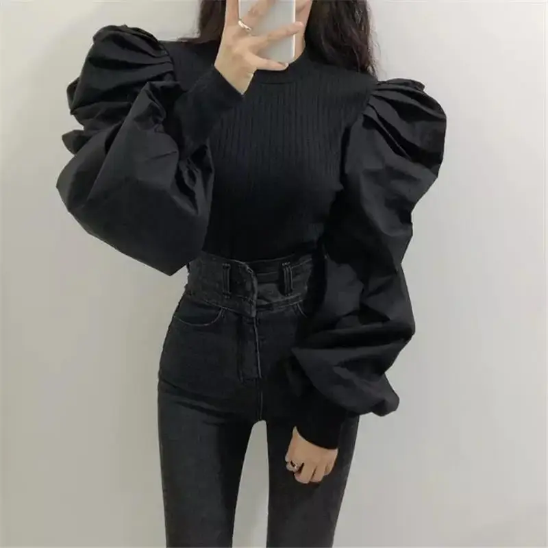 Stricken Puff Langarm Bluse Frauen Einfarbig Grundlegende Hemd Pulovers Dame Büro Arbeit Tragen Top Elegante Weibliche Schwarz Weiß – Detail 13