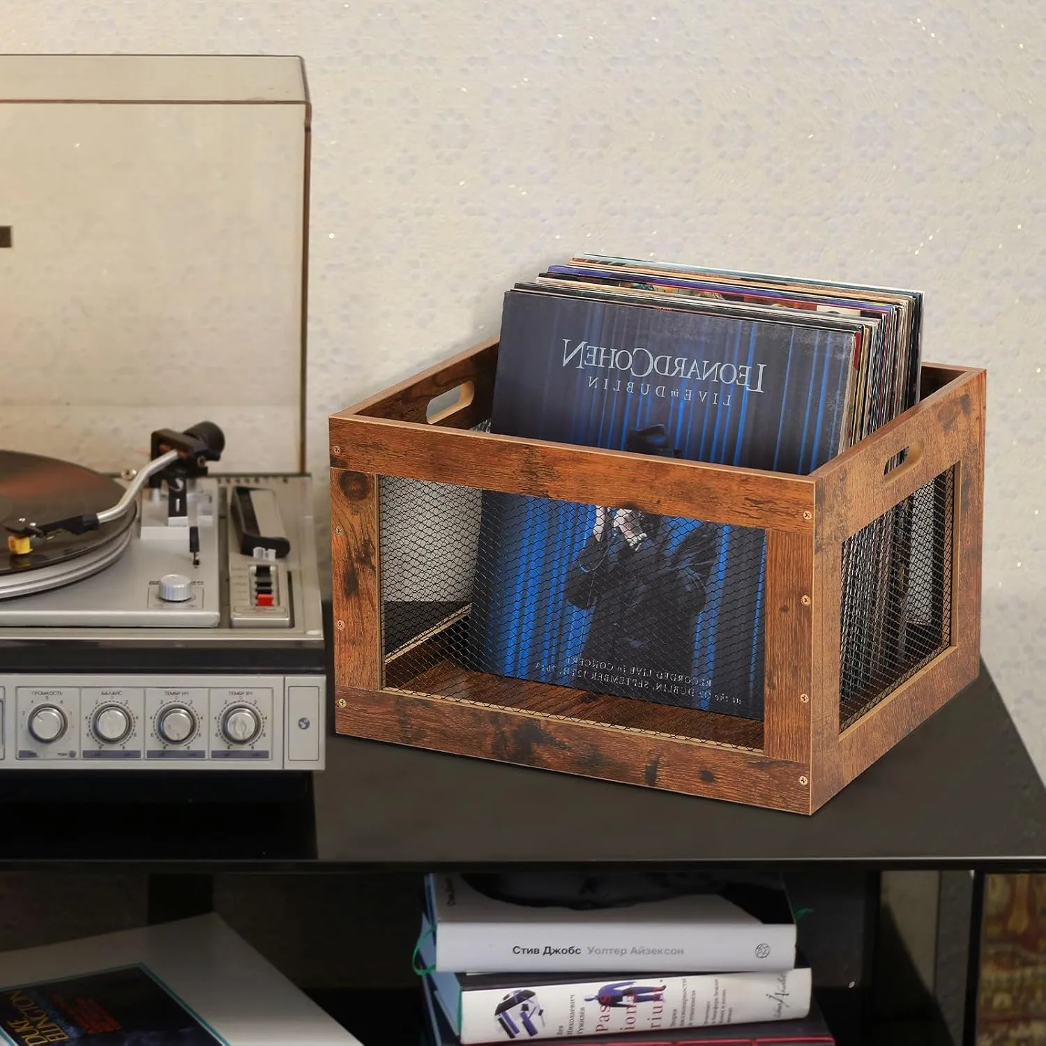صندوق تخزين سجلات الفينيل الخشبي - يحمل 100 LPs، منظم مكعب لغرفة المعيشة والاستوديو والمكتب